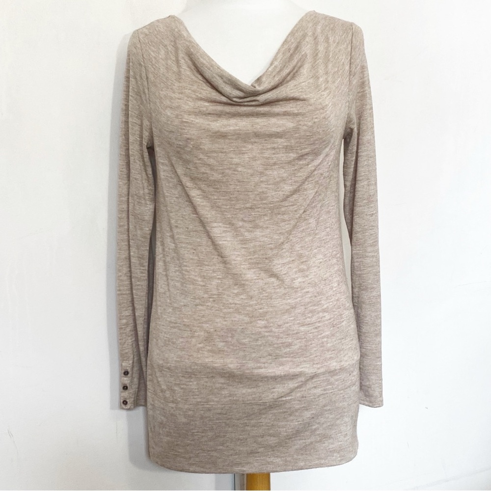 Loft Draped Neck Heather Beige Long Sleeve Wide Bottom Band Knit Top M